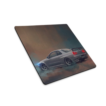 Nissan Skyline Inspired Sparkling Silver R34 GT-R Desk Pad – Ultra-Glide Stitched Edge Gaming Mouse Mat