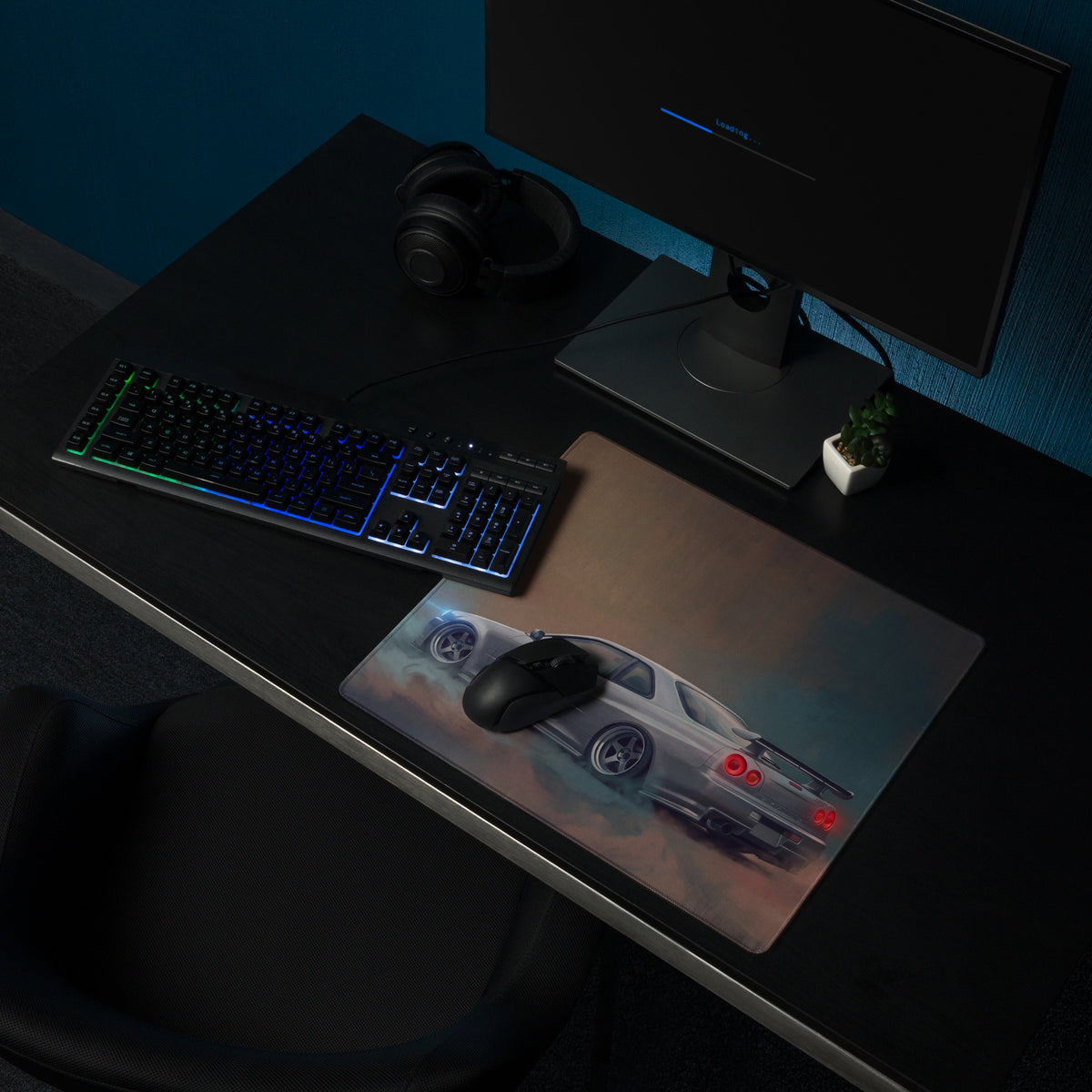Nissan Skyline Inspired Sparkling Silver R34 GT-R Desk Pad – Ultra-Glide Stitched Edge Gaming Mouse Mat