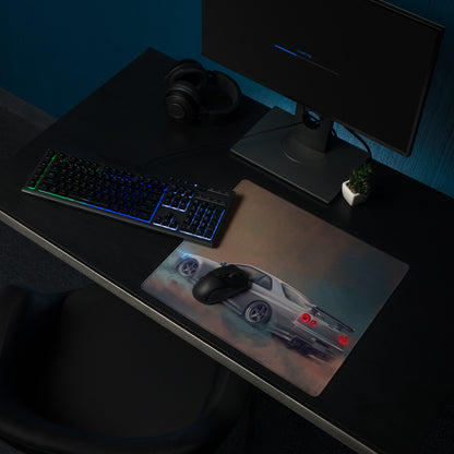 Nissan Skyline Inspired Sparkling Silver R34 GT-R Desk Pad – Ultra-Glide Stitched Edge Gaming Mouse Mat