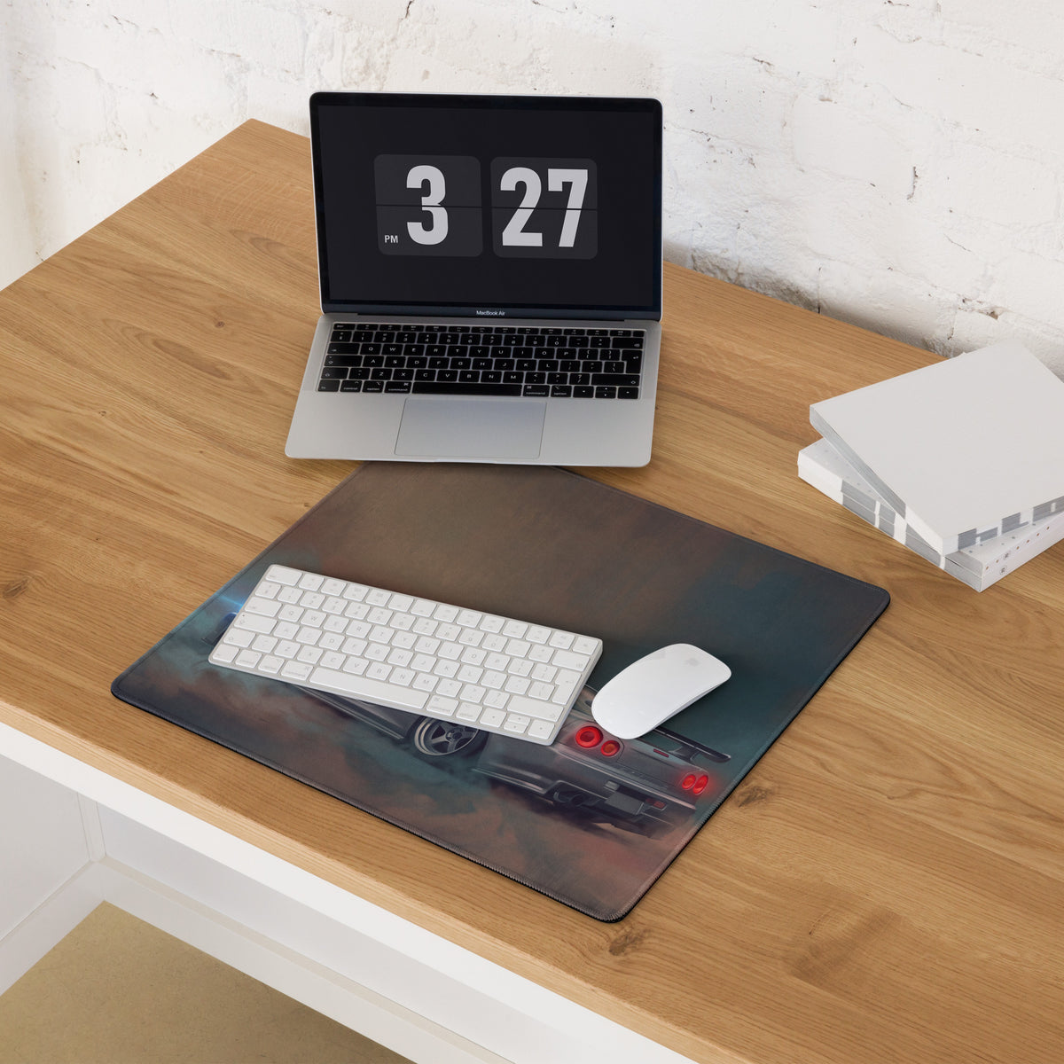 Nissan Skyline Inspired Sparkling Silver R34 GT-R Desk Pad – Ultra-Glide Stitched Edge Gaming Mouse Mat
