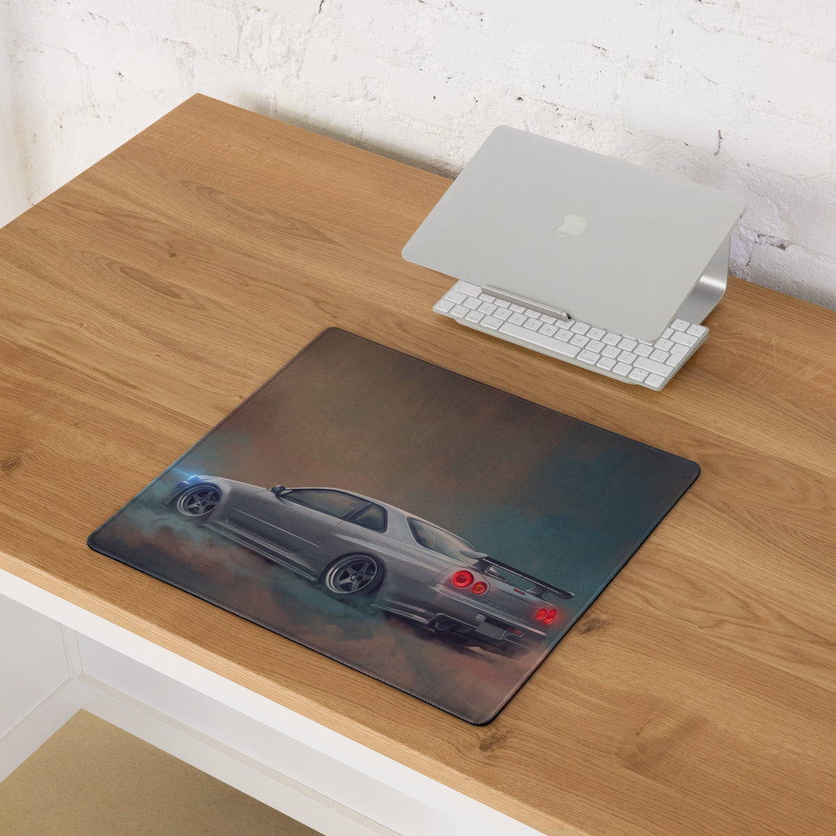 Nissan Skyline Inspired Sparkling Silver R34 GT-R Desk Pad – Ultra-Glide Stitched Edge Gaming Mouse Mat