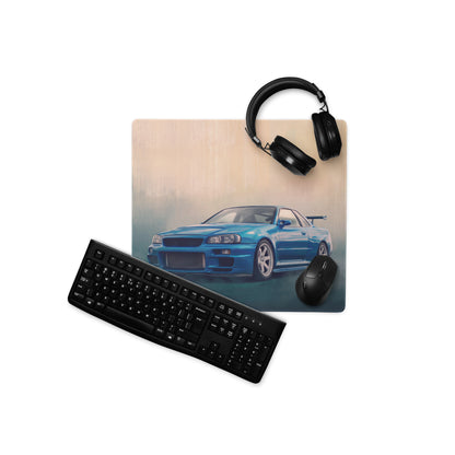 Nissan Skyline Inspired Bayside Blue White Rim R34 GT-R Desk Mat – High-Precision XL Gaming Mousepad