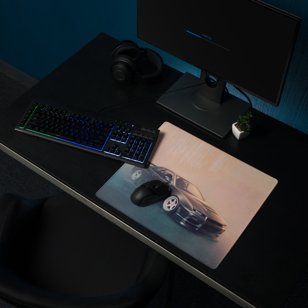 Nissan Skyline Inspired Gunmetal White Rim R34 GT-R Desk Pad – Extended Non-Slip PC Mouse Mat