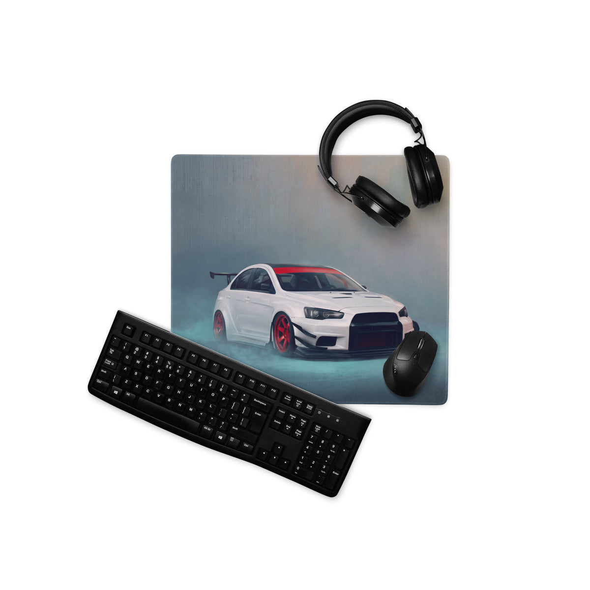 Mitsubishi Lancer Evolution Inspired Alpine White Crimson Rim Evo X Desk Pad – Extended Non-Slip PC Mouse Mat