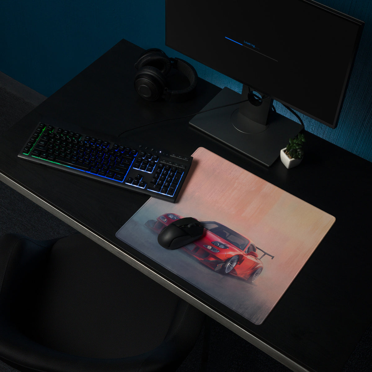 Rectangular ultra-glide stitched edge gaming mousepad with vibrant red Mazda RX-7 inspired car design and subtle smoke effect