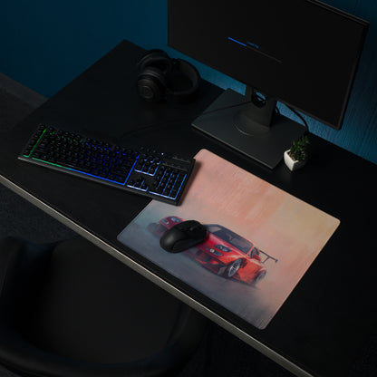 Rectangular ultra-glide stitched edge gaming mousepad with vibrant red Mazda RX-7 inspired car design and subtle smoke effect