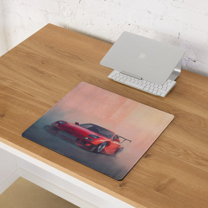 Mazda RX-7 inspired vintage red RE Amemiya FD desk pad with red sports car graphic and stitched edge gaming mouse mat