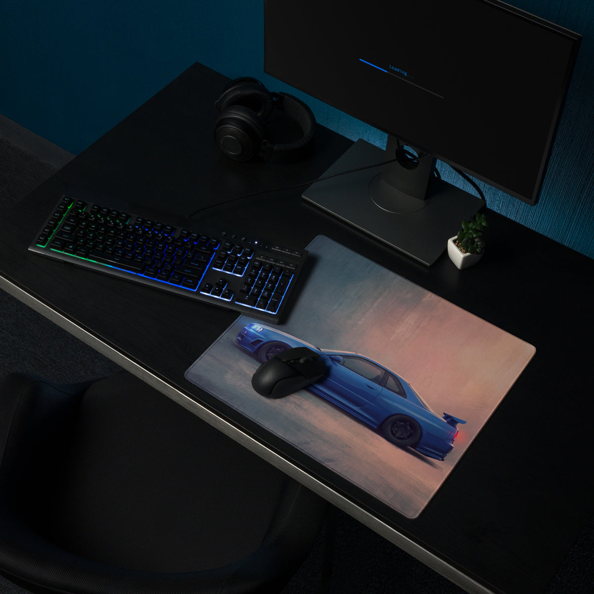 Nissan Skyline Inspired Bayside Blue R34 GT-R Profile Desk Mat – Low-Friction Cloth Setup Mousepad