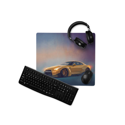 Nissan GT-R Inspired Sunburst Yellow Widebody Desk Mat – Low-Friction Cloth Setup Mousepad