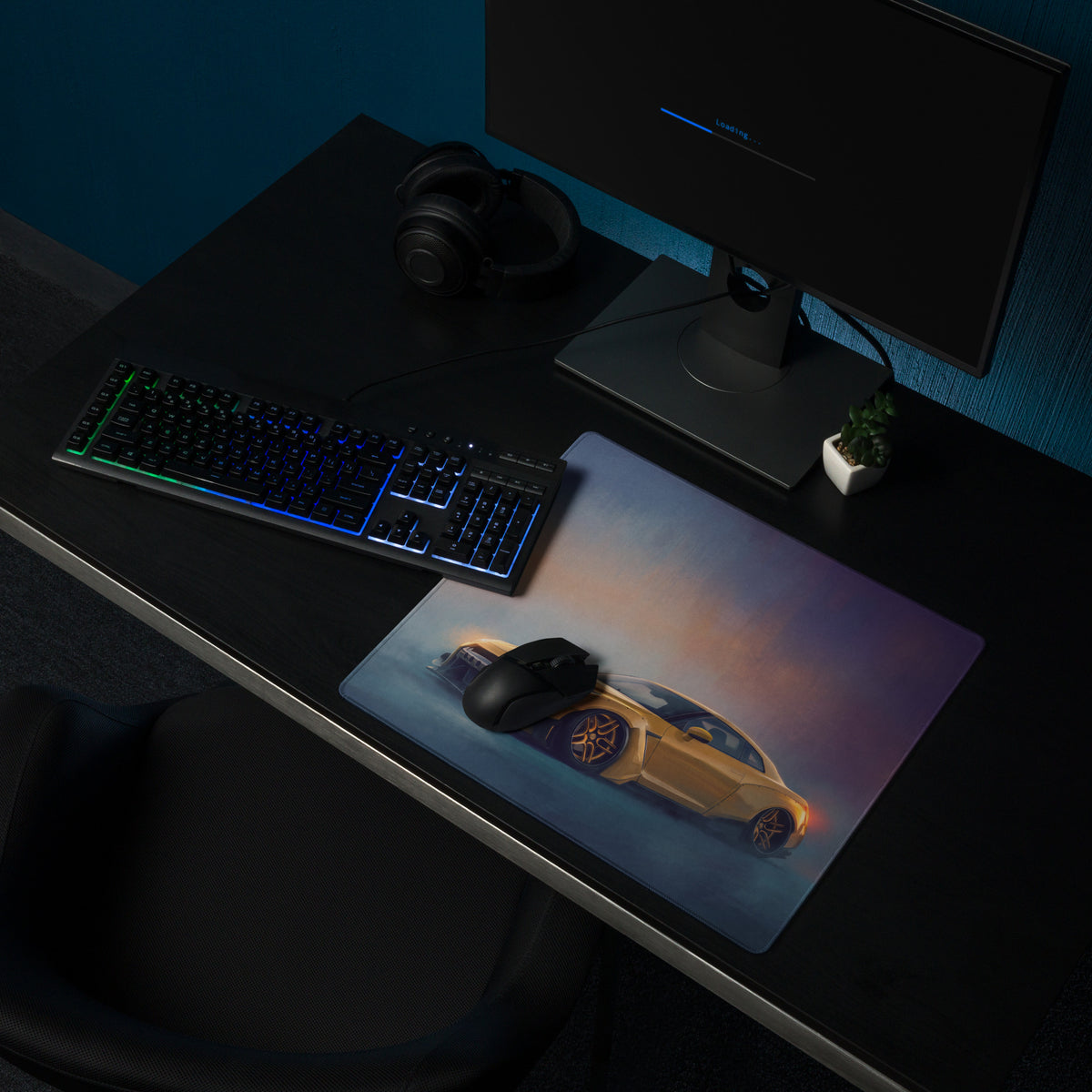 Nissan GT-R Inspired Sunburst Yellow Widebody Desk Mat – Low-Friction Cloth Setup Mousepad