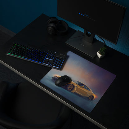 Nissan GT-R Inspired Sunburst Yellow Widebody Desk Mat – Low-Friction Cloth Setup Mousepad