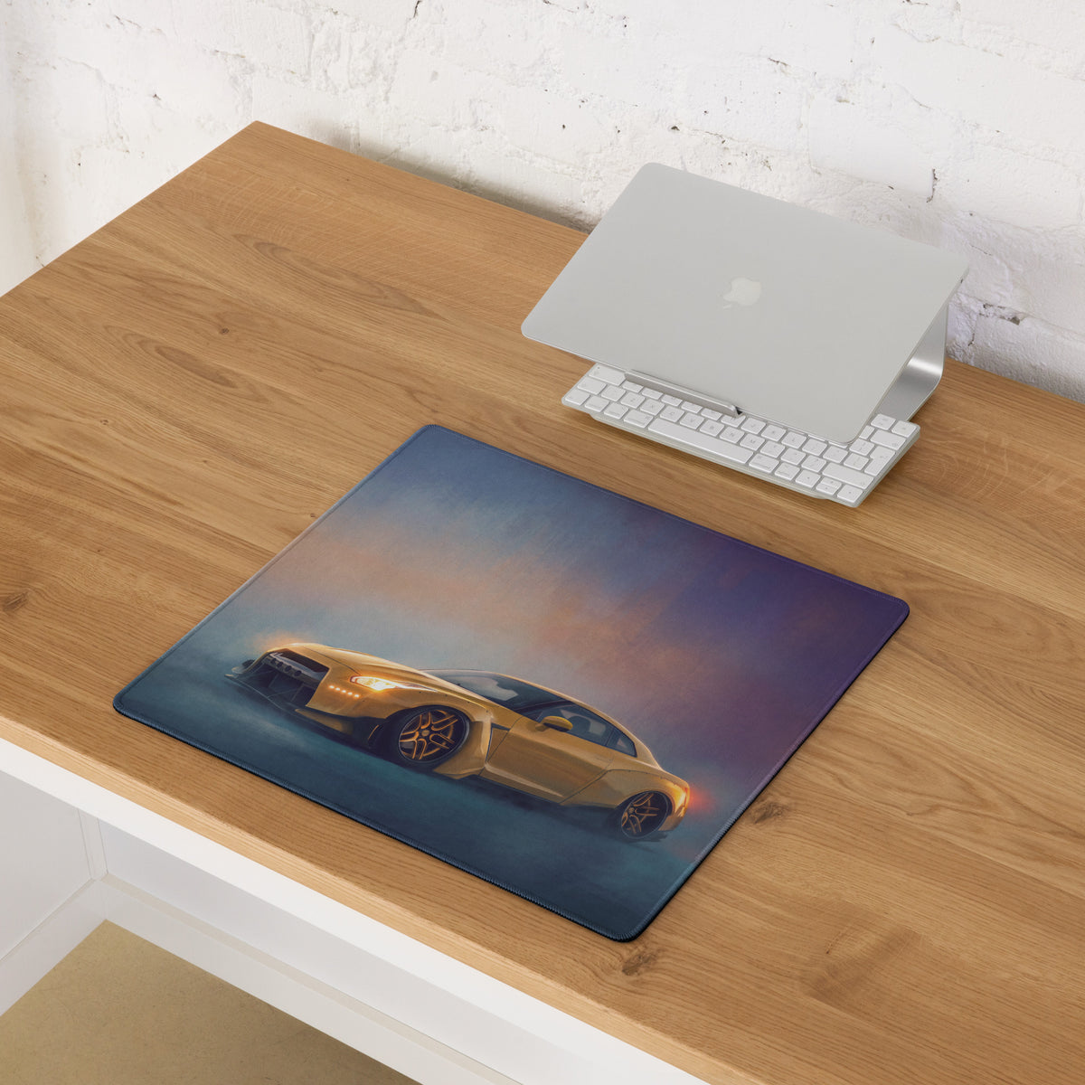 Nissan GT-R Inspired Sunburst Yellow Widebody Desk Mat – Low-Friction Cloth Setup Mousepad