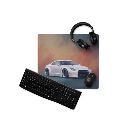 Nissan GT-R Inspired Pearl White Widebody Stance Desk Mat – Low-Friction Cloth Setup Mousepad