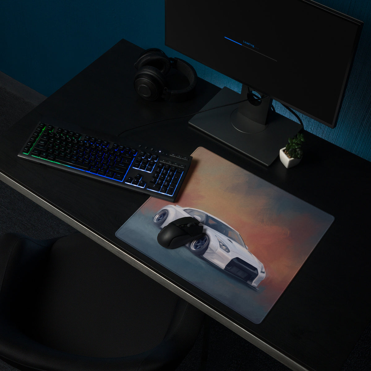 Nissan GT-R Inspired Pearl White Widebody Stance Desk Mat – Low-Friction Cloth Setup Mousepad