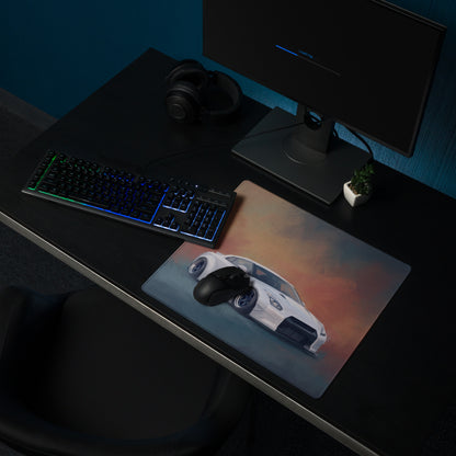 Nissan GT-R Inspired Pearl White Widebody Stance Desk Mat – Low-Friction Cloth Setup Mousepad