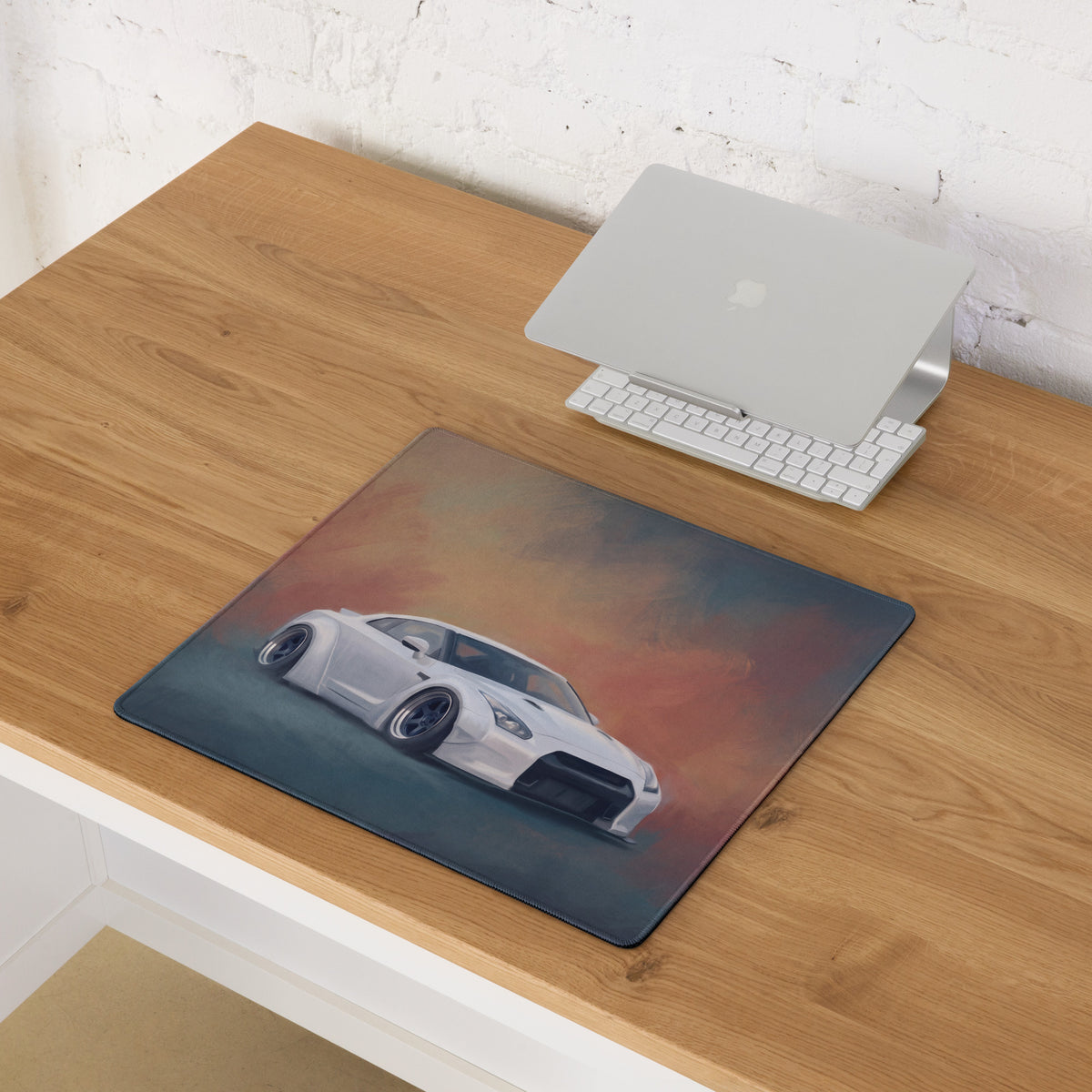 Nissan GT-R Inspired Pearl White Widebody Stance Desk Mat – Low-Friction Cloth Setup Mousepad