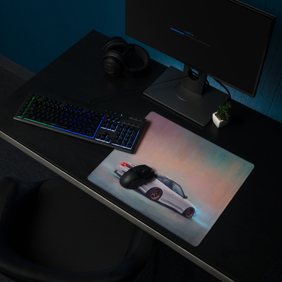 Nissan 180SX Inspired Alpine White Bronze Rim Desk Mat – Low-Friction Cloth Setup Mousepad