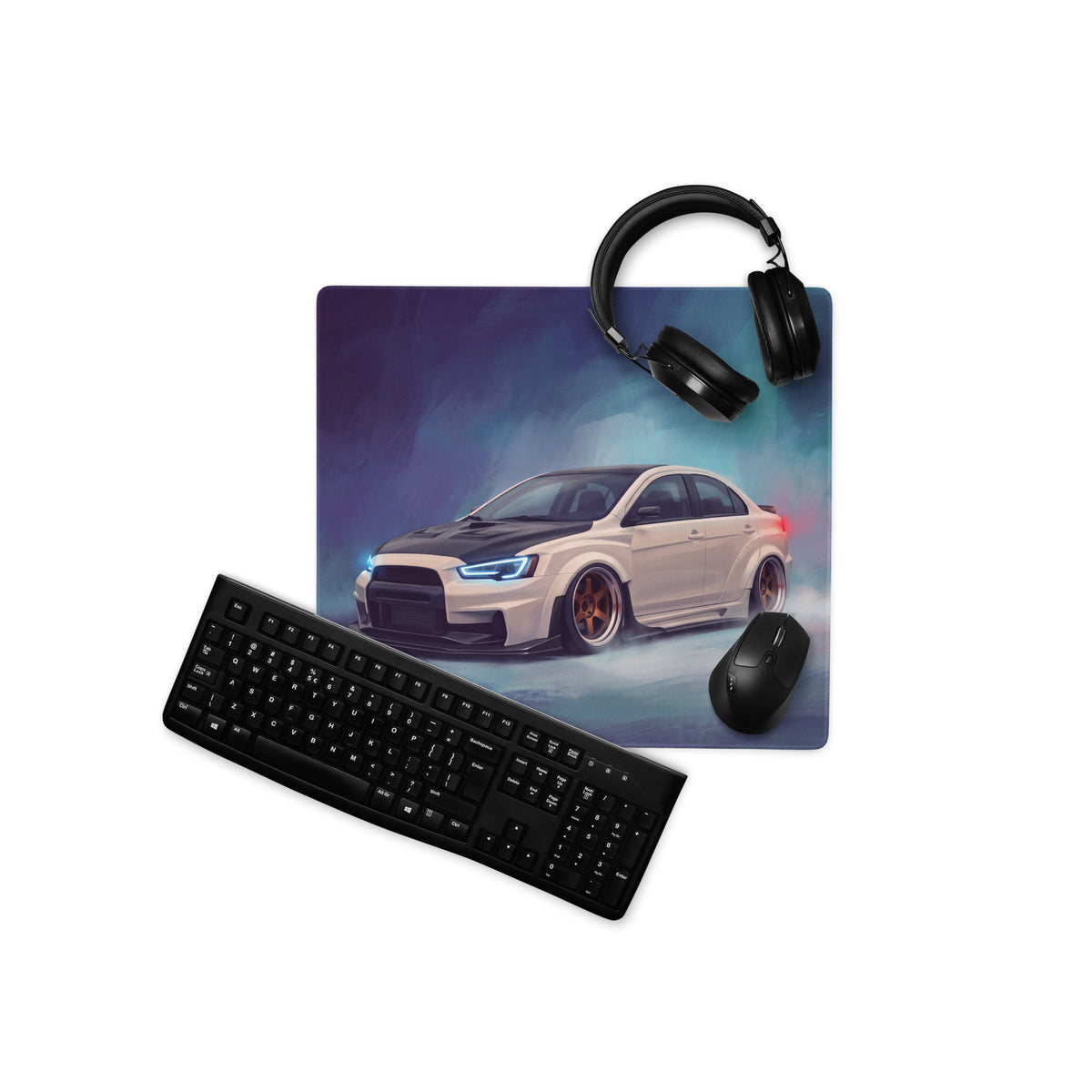 Mitsubishi Lancer Evolution Inspired Alpine White Bronze Rim Evo X Desk Mat – High-Precision XL Gaming Mousepad