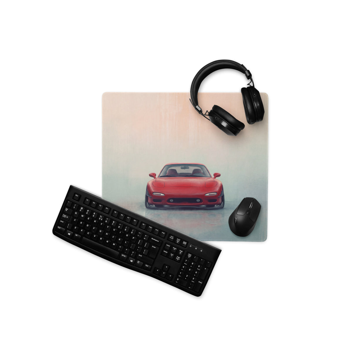 Red sports car graphic printed on a red fd frontal xl gaming mousepad for high precision desk use