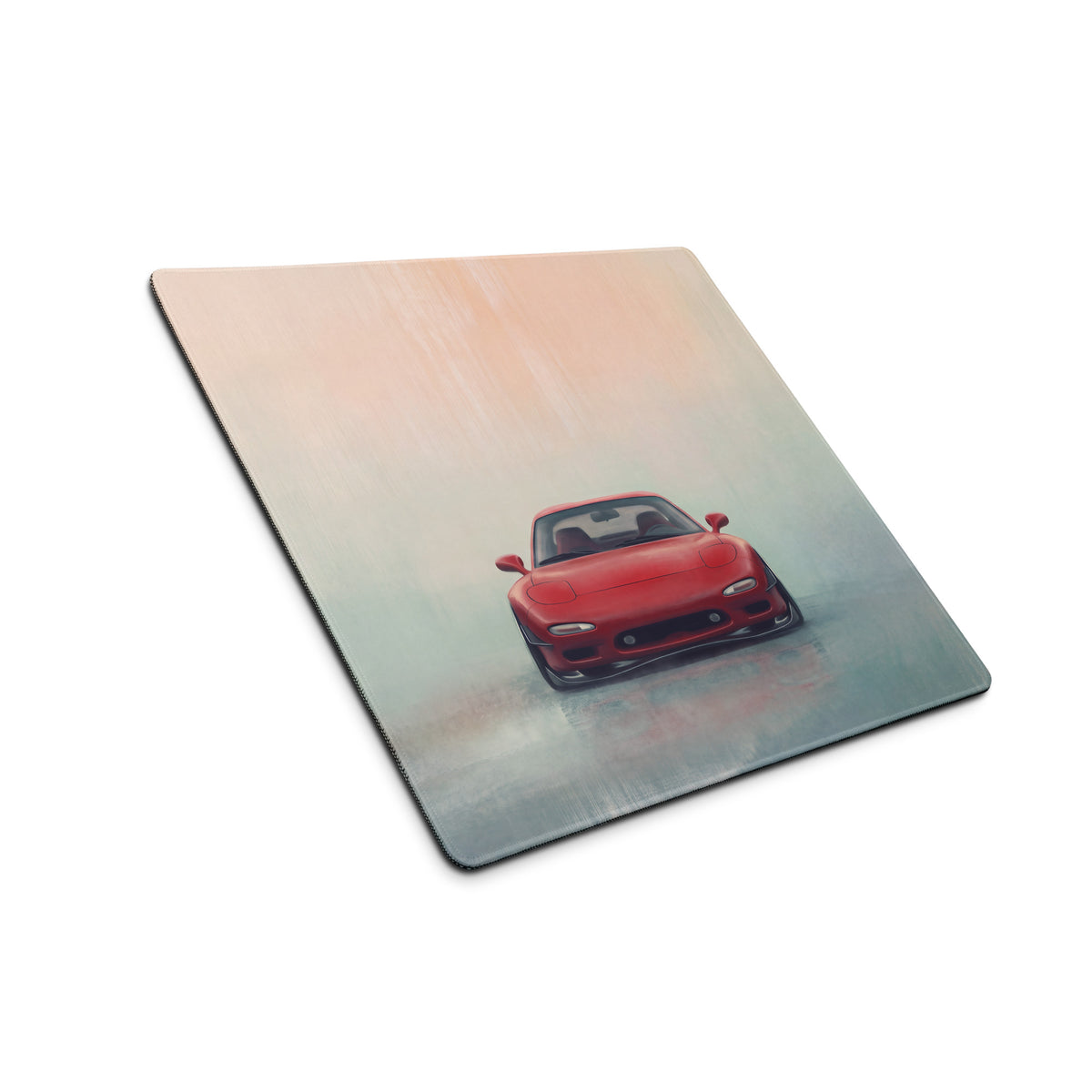 Red Mazda RX-7 sports car illustration on a square soft-touch gaming mousepad with gradient sky background