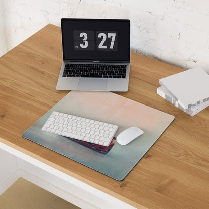 Mazda rx-7 inspired vintage red fd frontal desk mat featuring a gradient-colored surface with a red car print