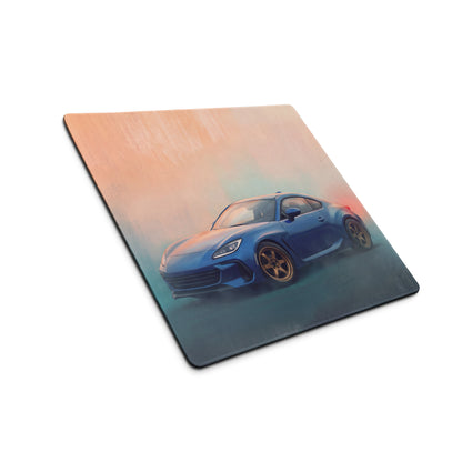 Blue sports car illustration on a square matte finish non slip mousepad inspired by subaru brz world rally blue