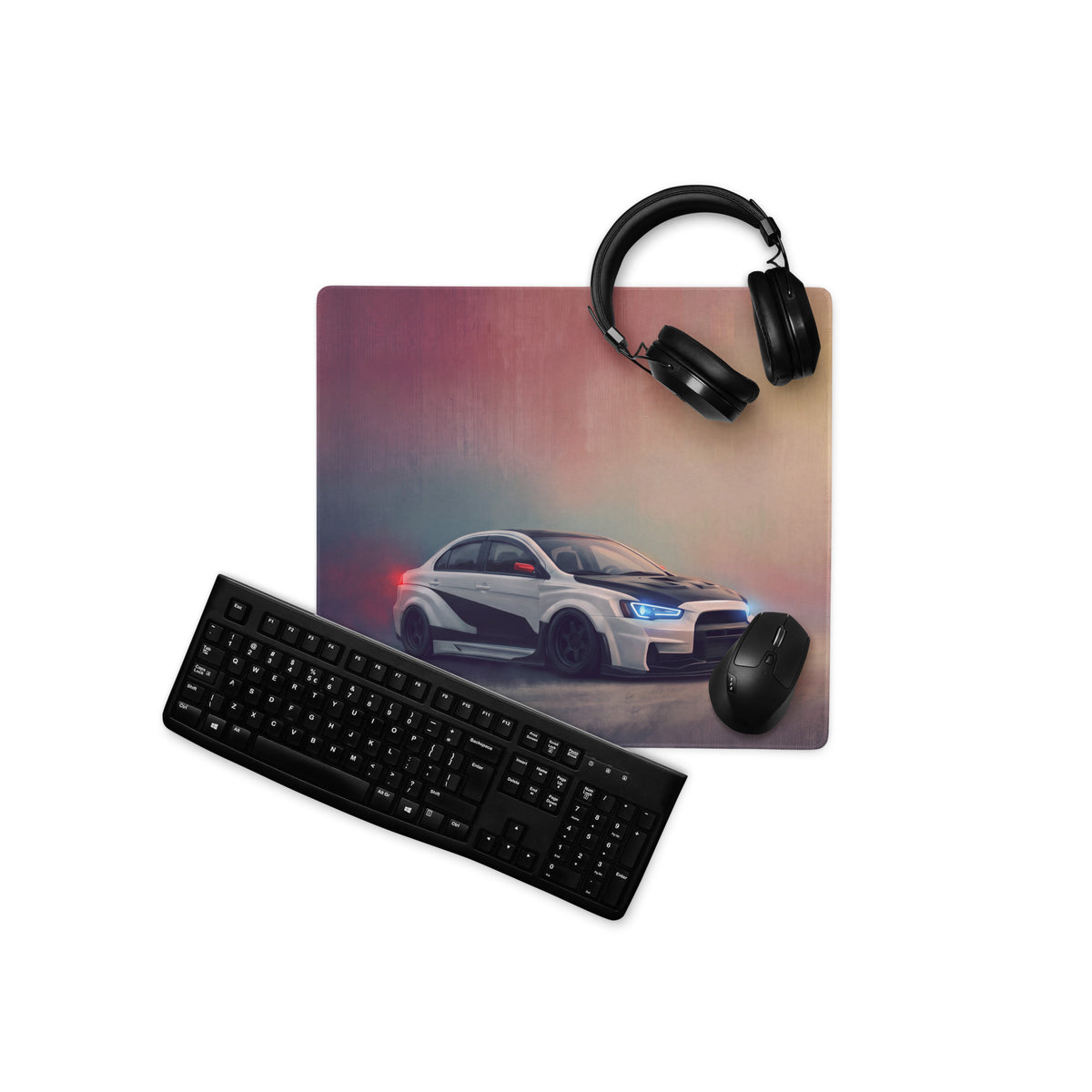 White and black sports car graphic printed on a widebody evo x alpine carbon xl gaming mousepad