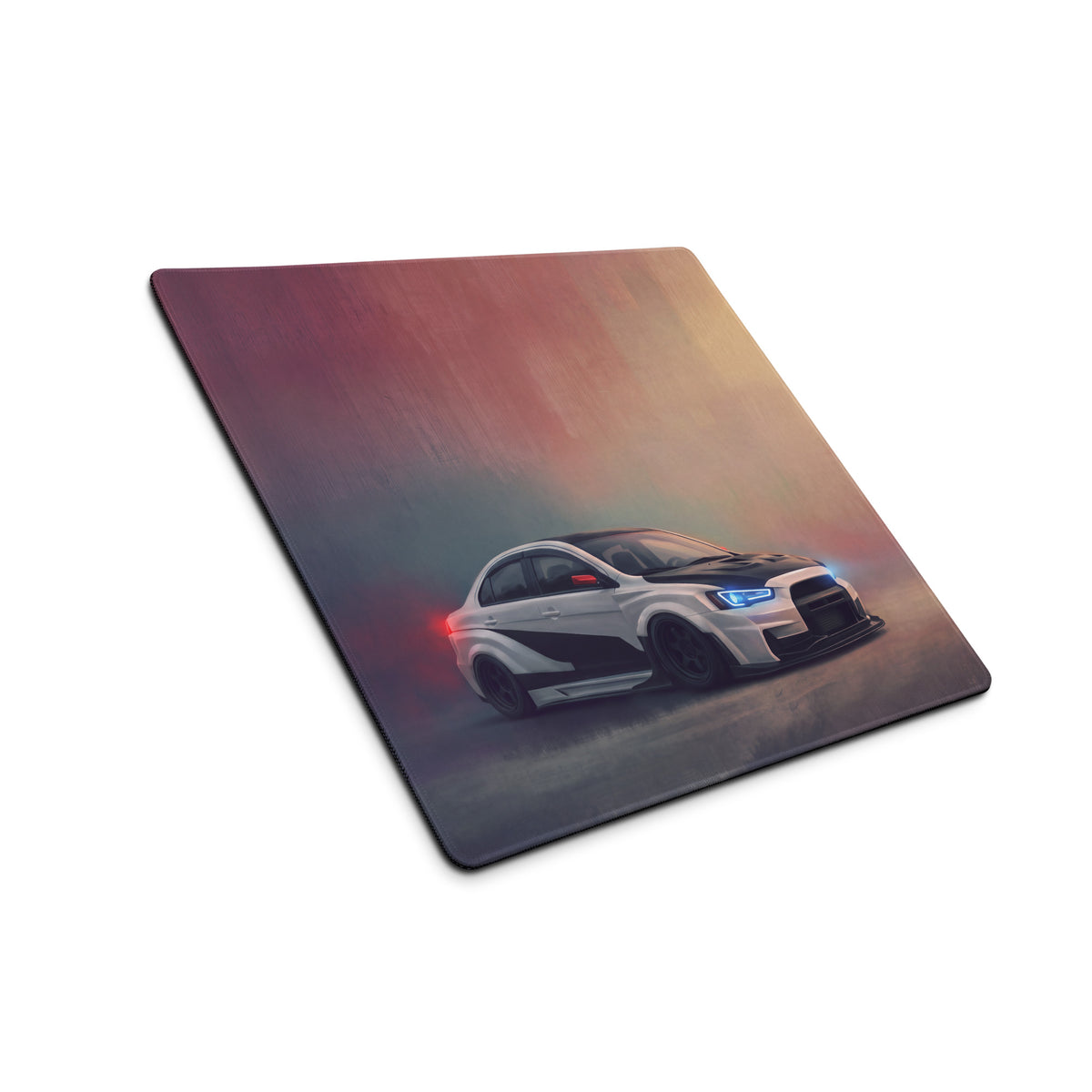 Mitsubishi lancer evolution inspired alpine carbon evo x widebody xl desk mat with white and black sports car graphic