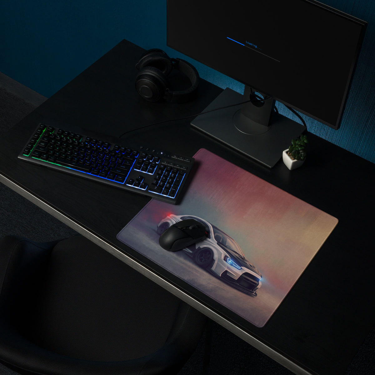 A rectangular high-precision xl gaming mousepad with a vibrant gradient graphic of a white mitsubishi lancer evolution evo x