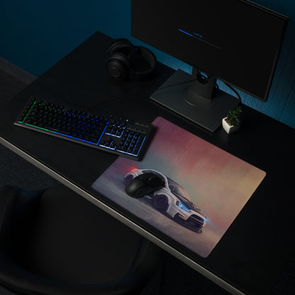 A rectangular high-precision xl gaming mousepad with a vibrant gradient graphic of a white mitsubishi lancer evolution evo x