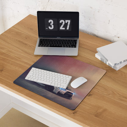 Rectangular mitsubishi lancer evolution inspired alpine carbon evo x widebody desk mat with futuristic car design under twilight sky