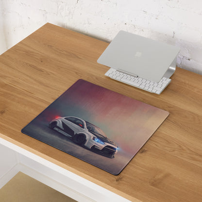Rectangular mitsubishi lancer evolution inspired alpine carbon evo x widebody desk mat with sports car graphic and glowing blue headlights