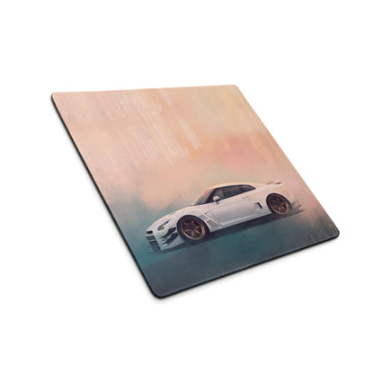 Nissan GT-R Inspired Pearl White Bronze Rim Widebody Desk Pad – Ultra-Glide Stitched Edge Gaming Mouse Mat