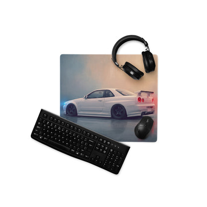 Nissan Skyline Inspired Pearl White R34 GT-R Rear Desk Mat – Low-Friction Cloth Setup Mousepad