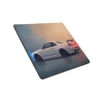 Nissan Skyline Inspired Pearl White R34 GT-R Rear Desk Mat – Low-Friction Cloth Setup Mousepad