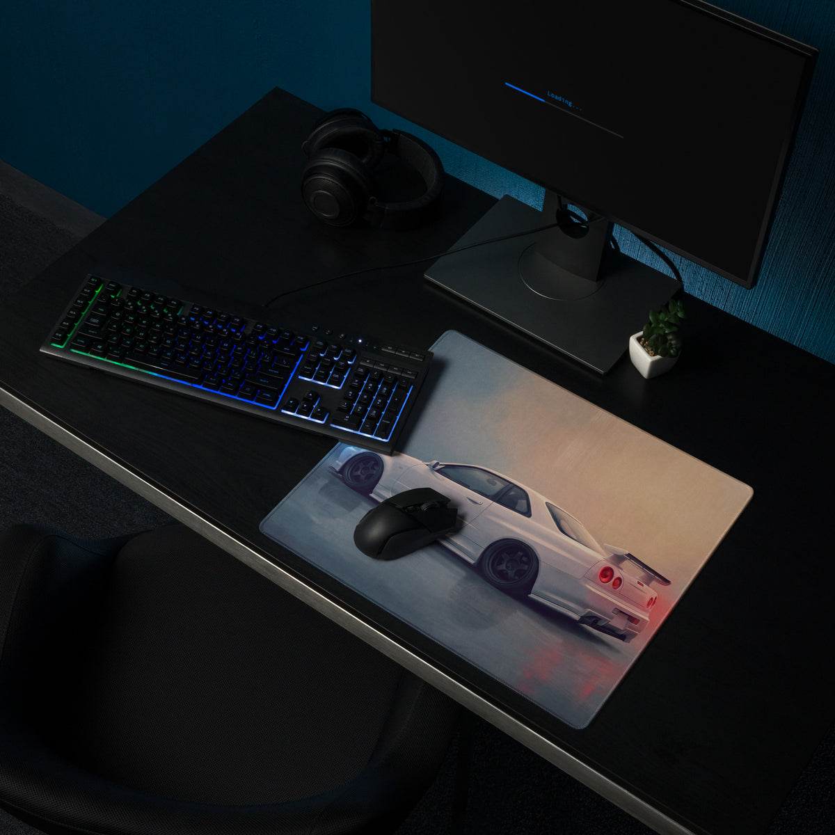 Nissan Skyline Inspired Pearl White R34 GT-R Rear Desk Mat – Low-Friction Cloth Setup Mousepad