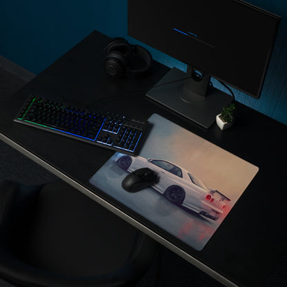 Nissan Skyline Inspired Pearl White R34 GT-R Rear Desk Mat – Low-Friction Cloth Setup Mousepad