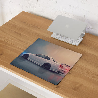 Nissan Skyline Inspired Pearl White R34 GT-R Rear Desk Mat – Low-Friction Cloth Setup Mousepad