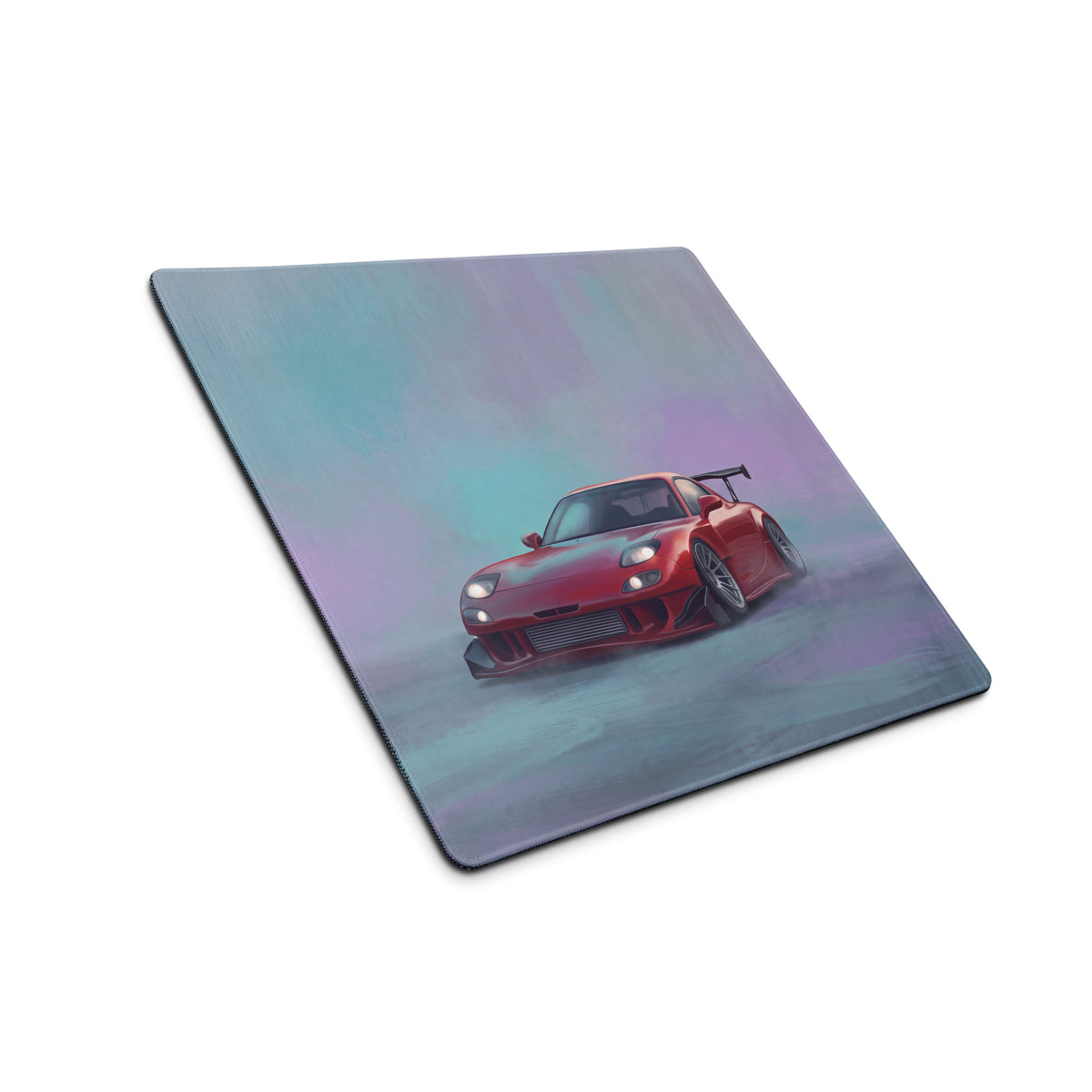 Red sports car illustration on a soft gradient background on a mazda rx7 inspired vintage red widebody gt wing desk pad