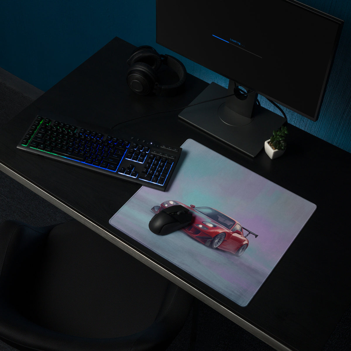 Red sports car graphic on a rectangular non-slip mousepad with subtle gradient background inspired by mazda rx-7 widebody design