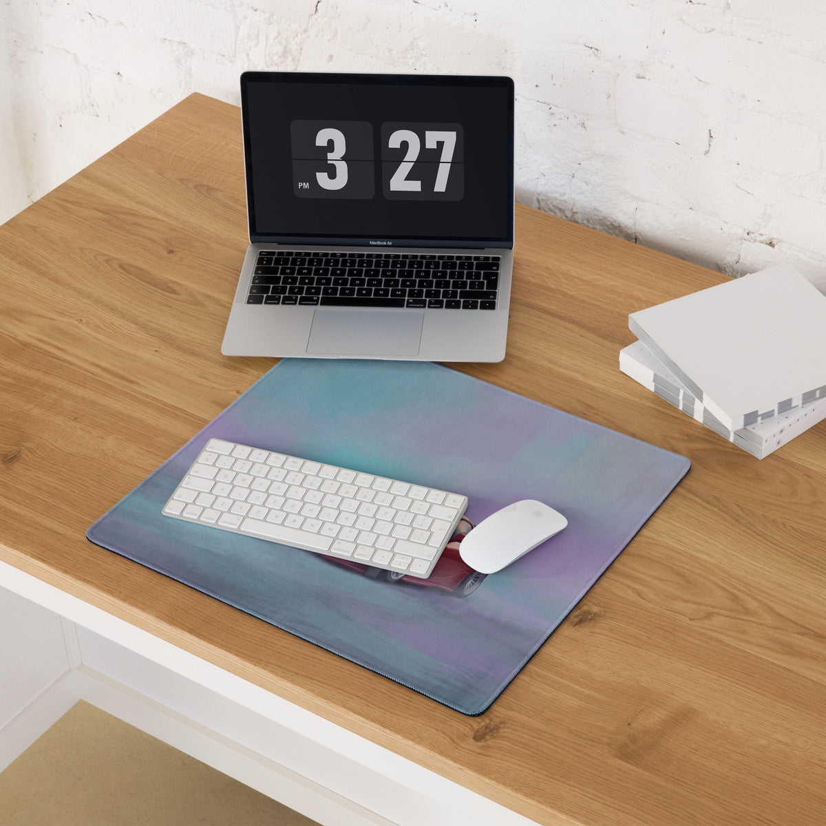 Mazda rx-7 inspired vintage red widebody gt wing rectangular mousepad with soft blue to purple aurora borealis gradient design