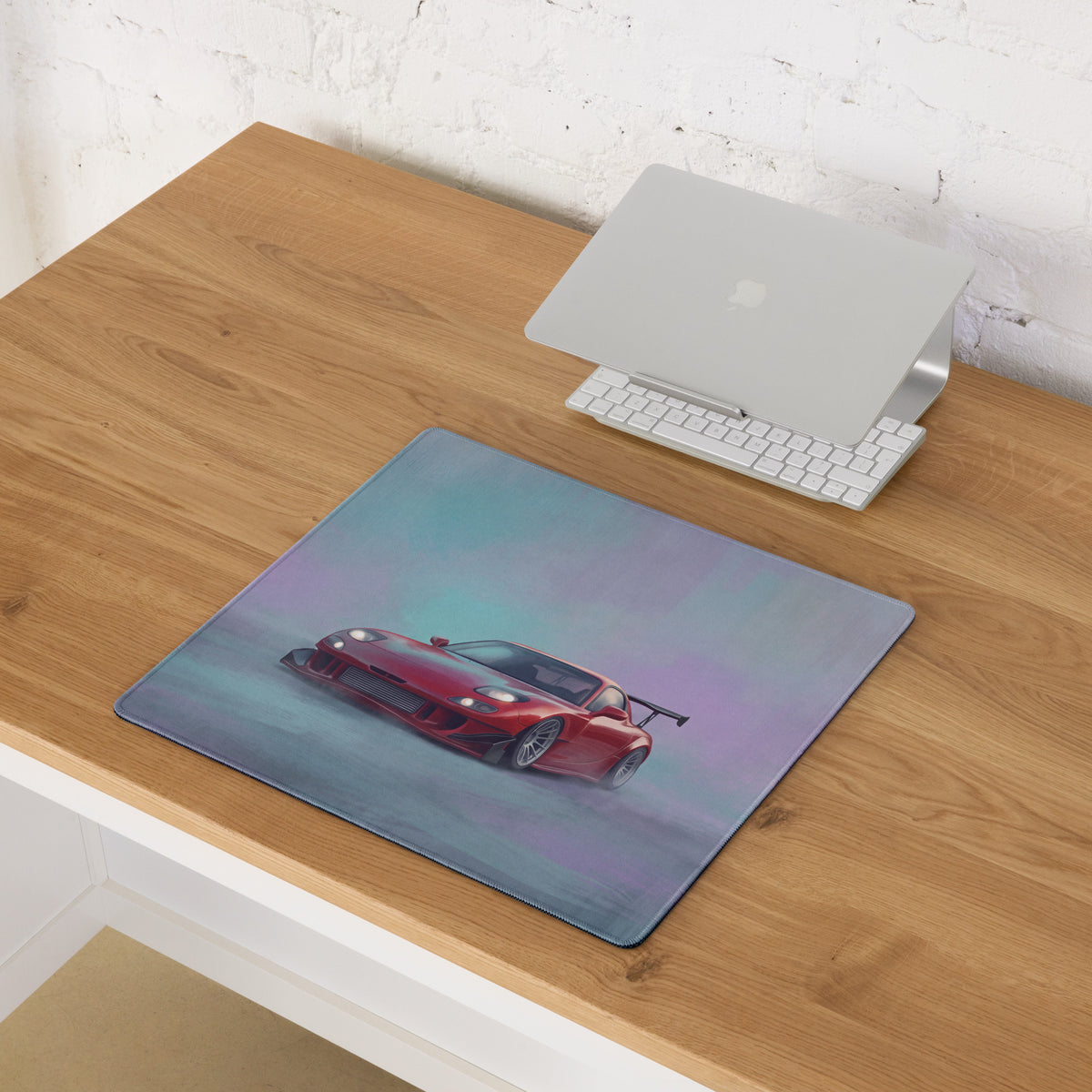Mazda RX-7 inspired vintage red widebody GT wing graphic on a soft textured rectangular non-slip mousepad
