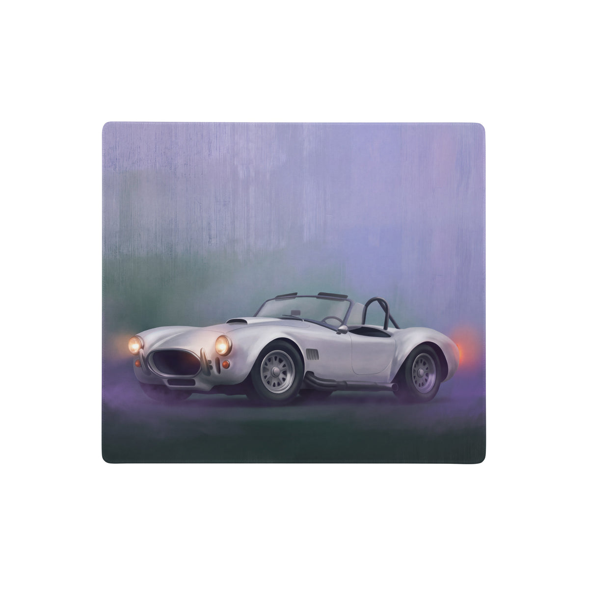 Silver classic convertible sports car in a stylized painting on shelby cobra inspired pearl white heritage desk pad