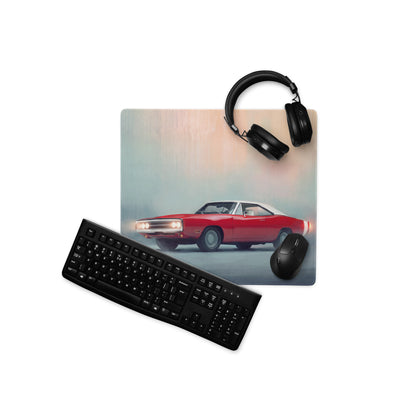 Dodge Charger Inspired Classic Crimson White Desk Pad – Ultra-Glide Stitched Edge Gaming Mouse Mat