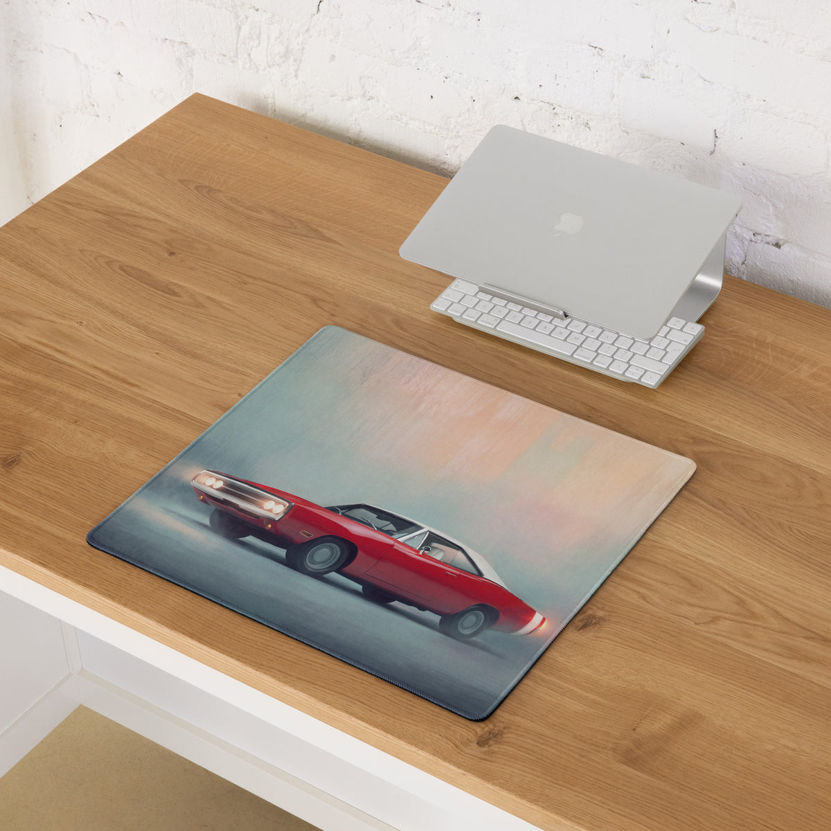 Dodge Charger Inspired Classic Crimson White Desk Pad – Ultra-Glide Stitched Edge Gaming Mouse Mat