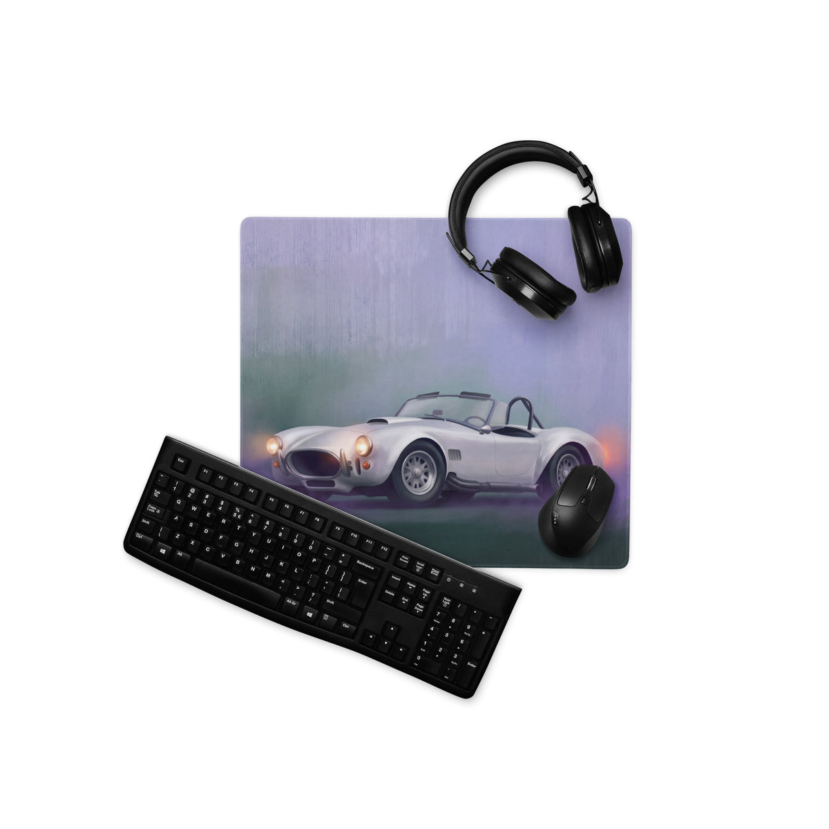 Silver classic sports car graphic printed on shelby cobra inspired pearl white extended non slip desk pad mouse mat