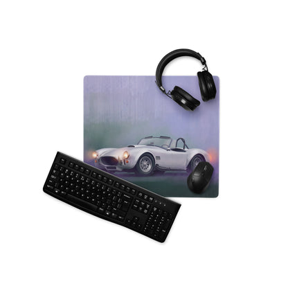 Silver classic sports car graphic printed on shelby cobra inspired pearl white extended non slip desk pad mouse mat