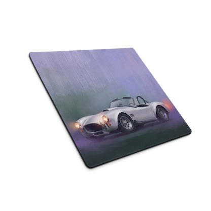 Silver classic Shelby Cobra inspired sports car illustration on pearl white extended non slip desk mouse pad