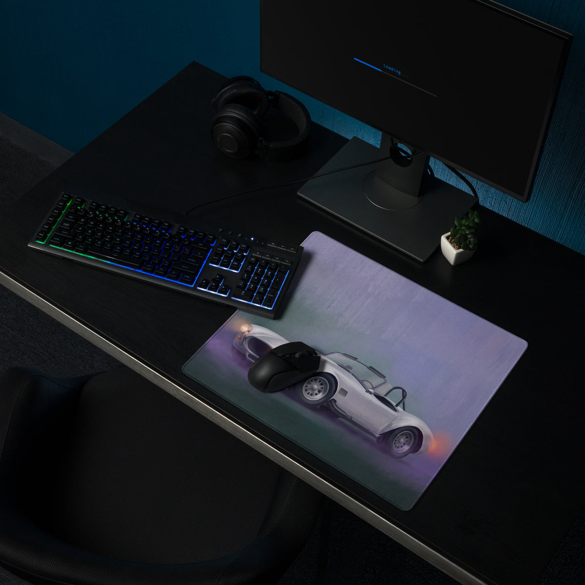 White vintage shelby cobra inspired sports car graphic mousepad on pearl white non-slip extended desk pad