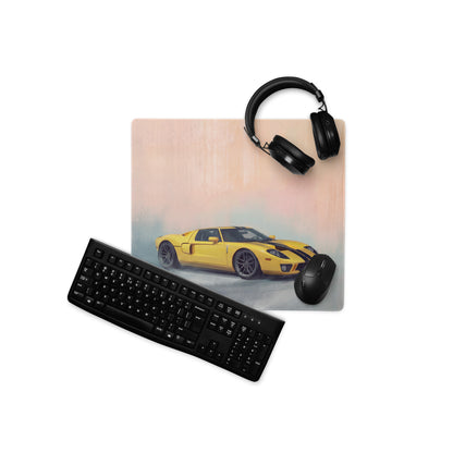 Yellow ford gt racing car graphic on rectangular high-precision xl gaming mousepad ford gt inspired speed heritage desk mat